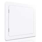 The 12 in. x 12 in. White Plastic Drywall Access Panel by Go Build boasts a sleek, minimal design with a smooth, glossy finish, perfectly angled against a plain white background.